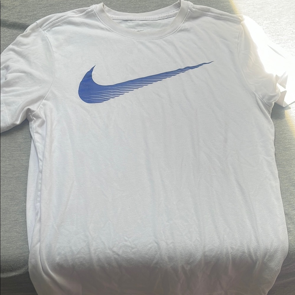 Nike Men's White Shirt with Blue Logo